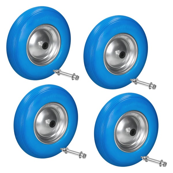 ECD Germany 4er Set Schubkarrenrad aus pannensicherem PU Vollgummi, Ersatzrad Gummirad mit Achse, 4.80/4.00-8, 390 mm, Blau, 200kg, Reifen mit Stahlfelge, PU Rad Reifen für Schubkarre und Gartenkarren