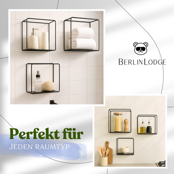 Collage zeigt schwarze Metall Wandregale im Badezimmer mit Handtüchern und in der Küche mit Vorratsgläsern. Berlin Lodge Logo.