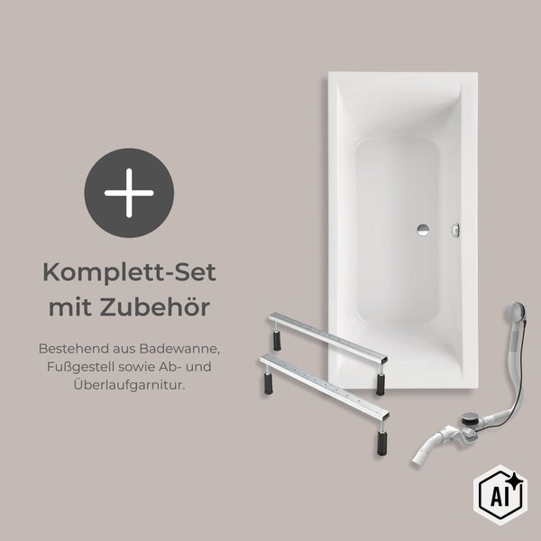 Rechteckige Badewanne als Komplettset mit Badewannenfußgestell sowie Ab- und Überlaufgarnitur für die Badinstallation.