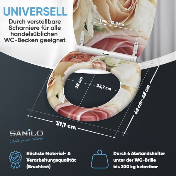 Sanilo WC-Sitz mit Rosenmotiv, verstellbaren Scharnieren, Maßen 37,7 mal 46 bis 48 Zentimeter und einer Belastbarkeit bis 200 Kilogramm.