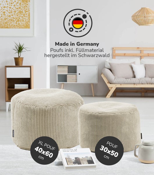 mokebo Pouf oder Sitzhocker aus Cord 'Der Faule Lenz', Fußhocker in Beige mit EPS-Perlen Füllung