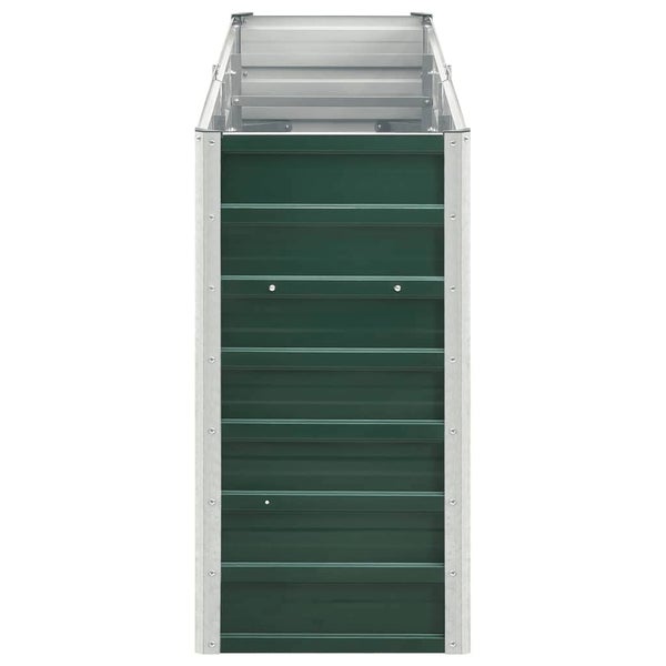 Hochbeet aus verzinktem Stahl mit dunkelgrünen Metallpaneelen, rechteckig.