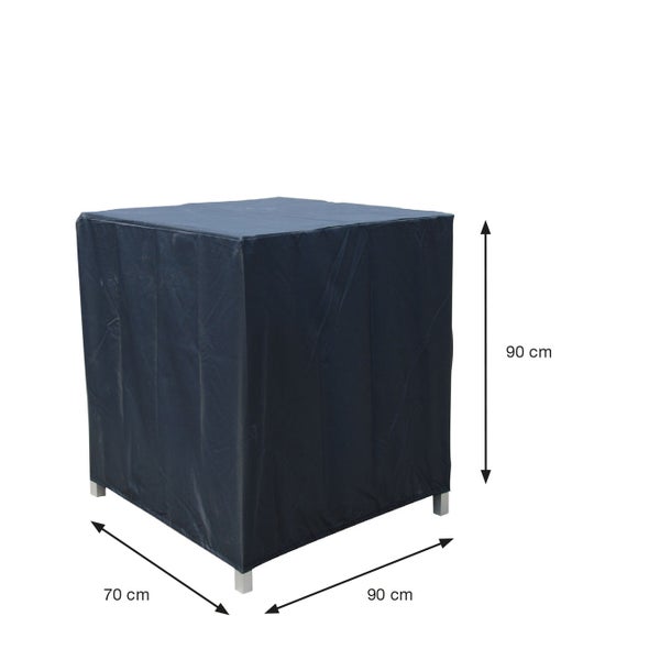 Dunkelgraue Schutzhülle für Gartenmöbel, Höhe 90 Zentimeter, Breite 90 Zentimeter, Tiefe 70 Zentimeter.