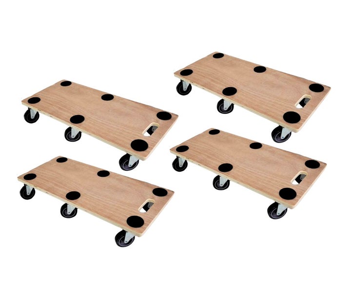 Set aus vier Möbelrollern aus Sperrholz mit Antirutschpunkten und integriertem Tragegriff.