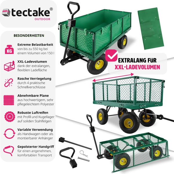 Bollerwagen tectake  Belastbarkeit 550 kg mit klappbaren Seitenwänden grün