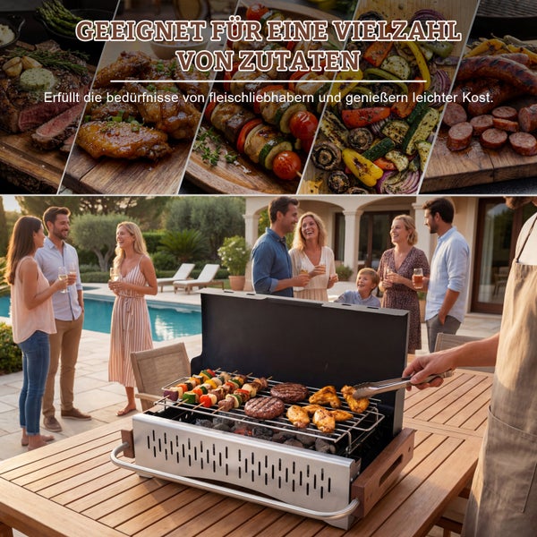 Tragbarer Holzkohle-Tischgrill auf einer Terrasse am Pool. Fleisch und Gemüse werden im Freien für eine Gruppe von Menschen zubereitet.