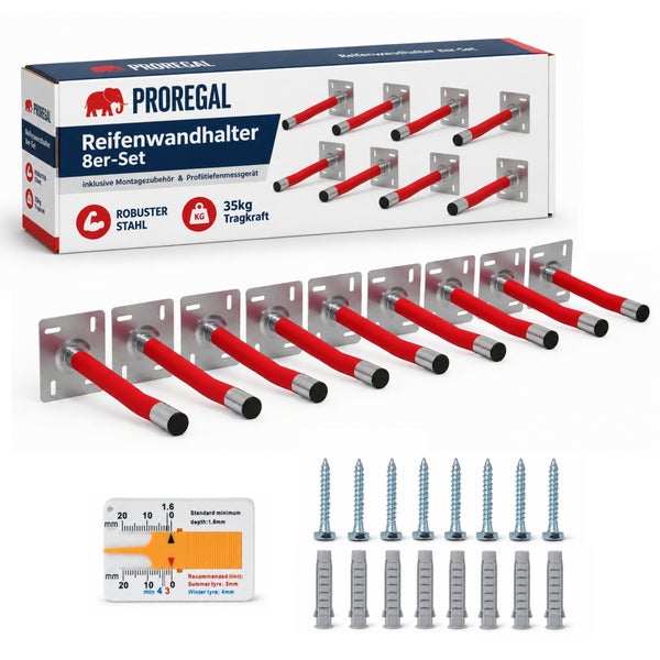 Proregal Reifenwandhalter Set aus 8 Stück inklusive Montagematerial und Profiltiefenmessgerät für eine Tragkraft von 35 Kilogramm.