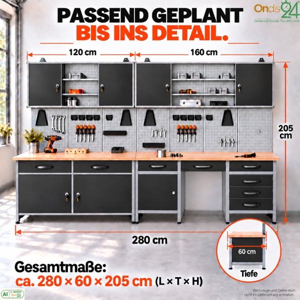Werkbank mit Werkzeugschrank System bestehend aus Unterschränken, Oberschränken und Lochwänden mit einer Gesamtbreite von 280 Zentimetern.