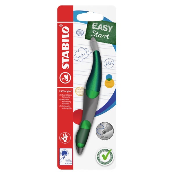 Stabilo Tintenroller EASYoriginal für Rechtshänder, grün, nachfüllbar, ergonomisches Design, Strichstärke null Komma fünf Millimeter, löschbare Tinte.