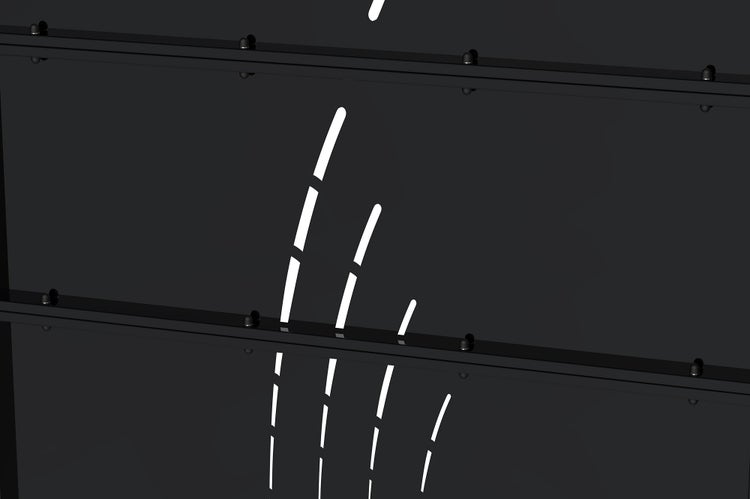 Schwarzes Paneel mit weißen gestrichelten Linien und horizontalen Schienen.