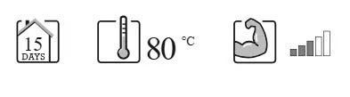 Produktsymbole zeigen 15 Tage Trocknungszeit, 80 Grad Celsius Temperaturbeständigkeit und hohe Belastbarkeit an.