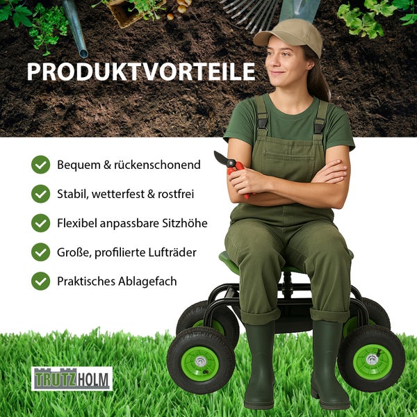 Gartenhocker mit Rollen, mit den Produktvorteilen: Bequem und rückenschonend, Stabil, wetterfest und rostfrei, Flexibel anpassbare Sitzhöhe, Große, profilierte Lufträder, Praktisches Ablagefach, Trutz Holm Logo