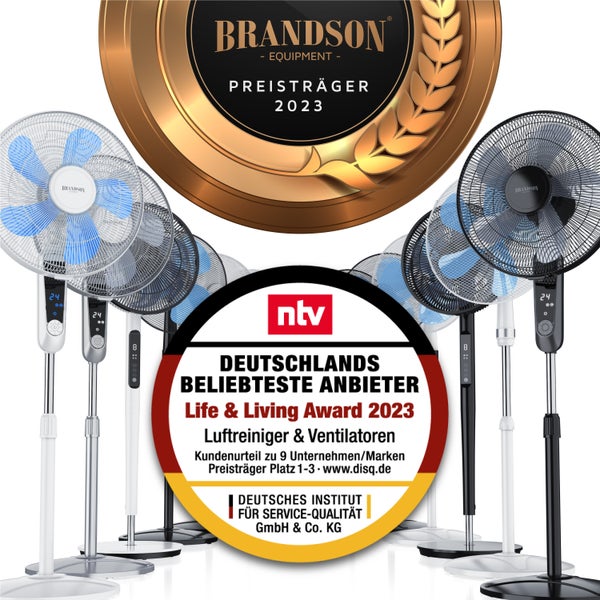 Brandson Standventilator 40cm, Ventilator Standfuß höhenverstellbar, hoher Luftdurchsatz, 3 Leistungsstufen, 80° Oszillation, Schwarz/Silber