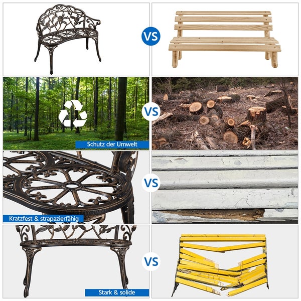 Vergleich von Gartenbänken: Metallbank versus Holzbank, Umweltschutz versus Abholzung, Kratzfestigkeit versus Abnutzung, Stabilität versus Beschädigung