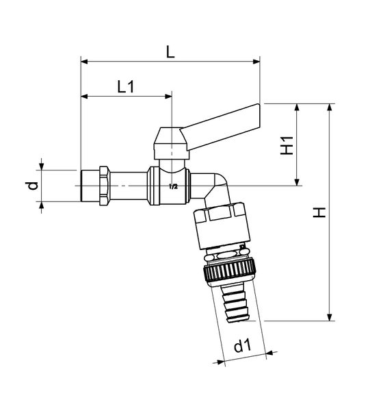 Technische Zeichnung eines Gartenwasserhahns mit Bemaßungen für Länge, Höhe und Durchmesser zur Installation.