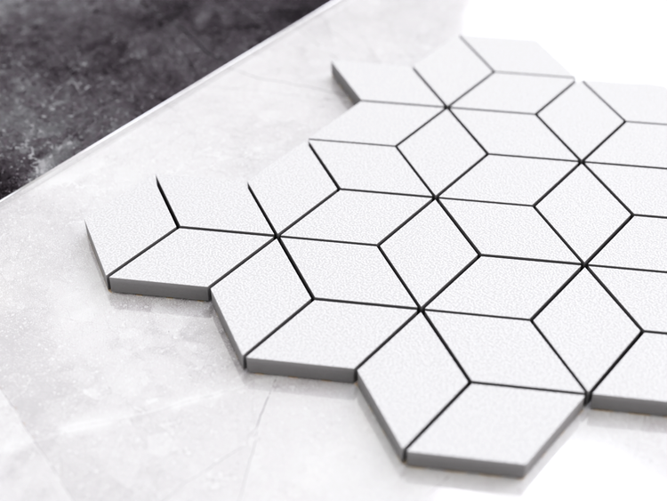 Mosaikfliese in Rautenform mit dreidimensionalem Würfelmuster und strukturierter Oberfläche.