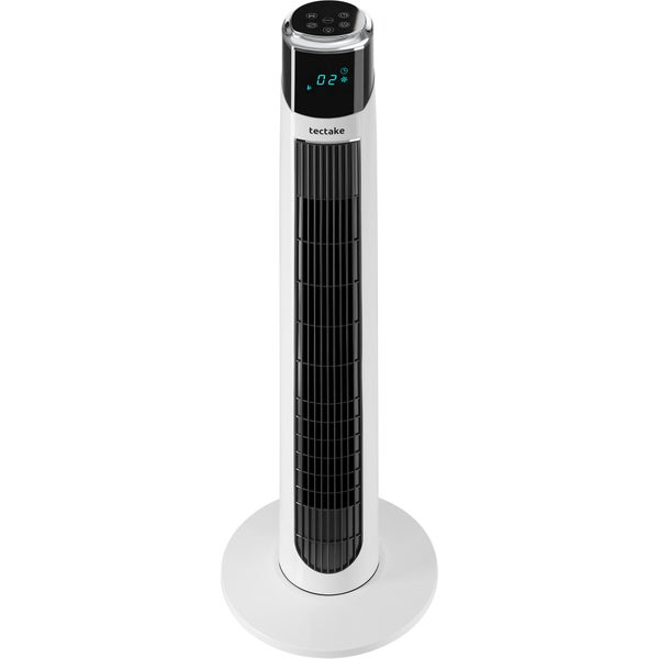 Weißer tectake Turmventilator mit Digitalanzeige und runder Basis.