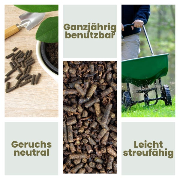 Produktcollage zum Thema Düngen: Düngerpellets, Pflanzschaufel, Topfpflanze und Streuwagen bei der Arbeit.