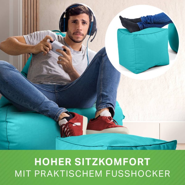 Green Bean 2er Set Sitzsack + Hocker - fertig befüllt - robust waschbar schmutzabweisend - Kinder & Erwachsene Bean Bag Bodenkissen Lounge Sitzhocker Relax-Sessel Gamer Gamingstuhl Pouf - Türkis