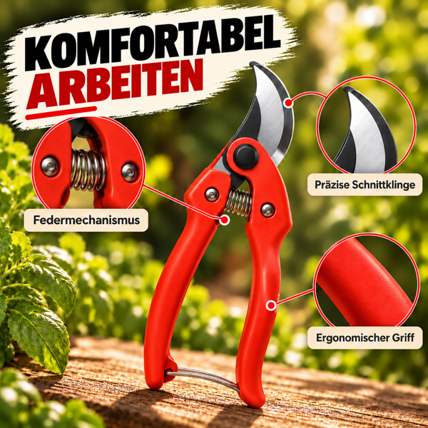 Gartenschere mit Federmechanismus, präziser Schnittklinge und ergonomischem Griff für bequemes Arbeiten im Garten.