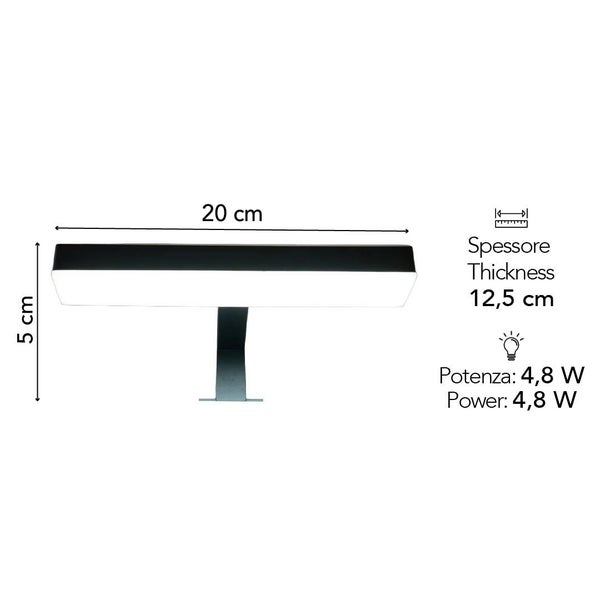 LED-Spiegelleuchte mit Maßen: Breite 20 Zentimeter, Höhe 5 Zentimeter, Tiefe 12,5 Zentimeter. Leistung 4,8 Watt.