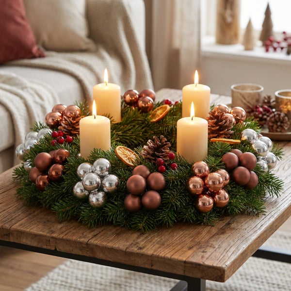 Weihnachtskranz aus Tanne mit vier brennenden Kerzen, dekoriert mit Kugeln, Tannenzapfen und Orangenscheiben auf einem Holztisch.