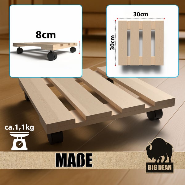 Rollbrett aus Holz mit den Maßen 30 x 30 x 8 cm und einem Gewicht von circa 1,1 kg; Big Dean Logo