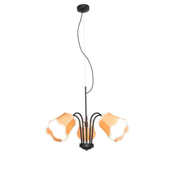 Dreiflammige Pendelleuchte mit schwarzen Metallarmen und gewellten Schirmen in Apricot.