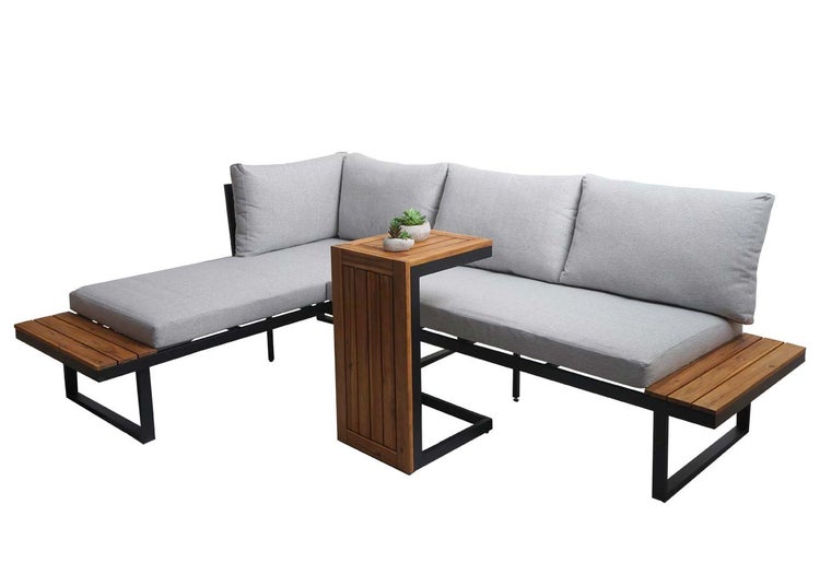 L-förmiges Garten-Lounge-Set aus Metall und Holz mit Polstern und integriertem Beistelltisch.