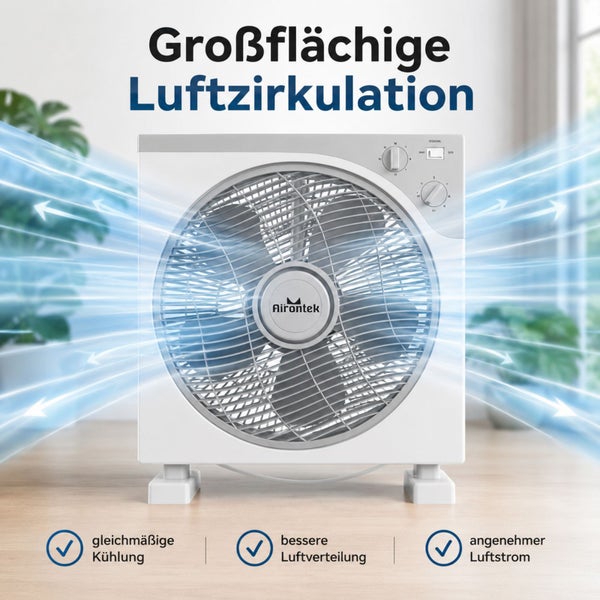 Airontek Bodenventilator mit Darstellung der Luftzirkulation, gleichmäßige Kühlung, bessere Luftverteilung und angenehmer Luftstrom.