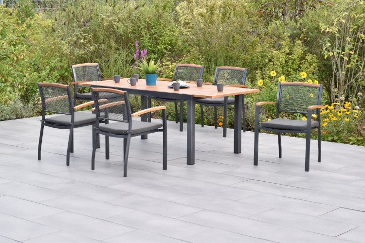 Tilos Gartenmöbelset 13tlg., Stapelsessel inkl. Auflagen, Ausziehtisch 150 (200) x 90 cm