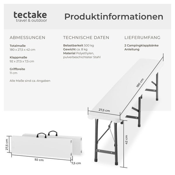 tectake Logo. 2 klappbare Campingbänke. 180 mal 27,5 mal 42 Zentimeter. Belastbarkeit 500 Kilogramm. Polyethylen, pulverbeschichteter Stahl.