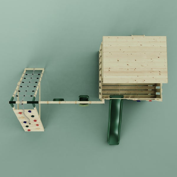 Draufsicht auf einen Kinderspielturm aus Holz mit Spielhaus, grüner Rutsche, zwei Schaukeln, Kletterwand und Strickleiter.