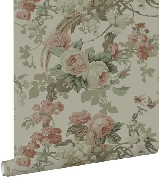 ESTAhome Tapete Blumen und Vögel Graugrün - 50 x 900 cm - 139810