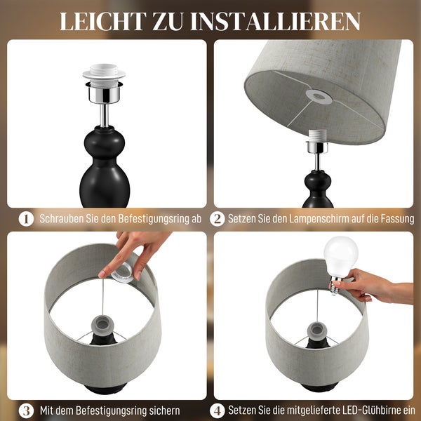 HOMCOM Tischlampe LED Tischleuchte mit 3 Farbtemperaturen, Nachttischlampe mit USB A+C Ladeanschlüssen, Leinenschirm, Schreibtischlampe Leselampe für Schlafzimmer Wohnzimmer Schwarz