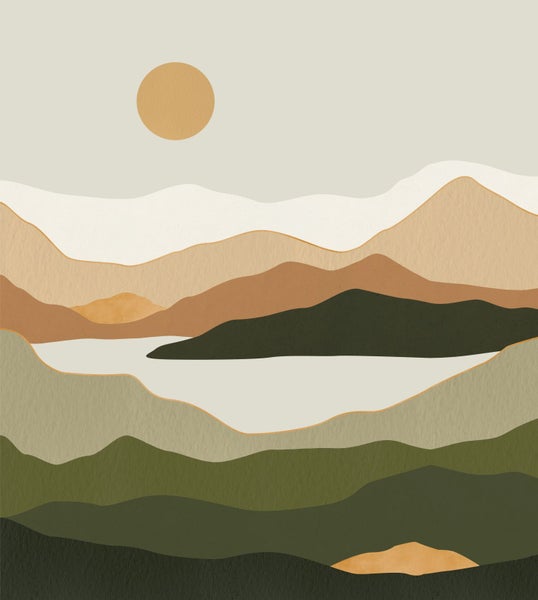 Illustration einer Berglandschaft mit See und Sonne