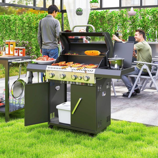 Outsunny Gasgrill 12 KW Grillwagen inkl 5 Brenner Seitenkocher Rolle Druckminderer Deckel Gasschlauch 2 Heizzonen Thermometer Seitenablagen, BBQ Gartengrill für Balkon, Grill 135 x 54 x 110 cm