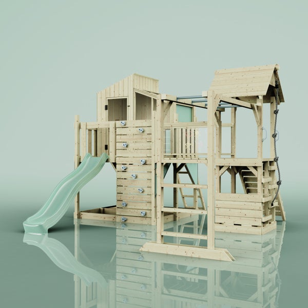 Holz-Spielturm mit Rutsche, Kletterwand und Kletterseil für den Garten