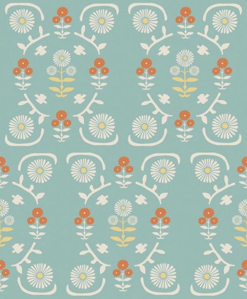 Borastapeter Tapete Blumen Blau und Terrakotta - 53 cm x 10.05 m - 662574