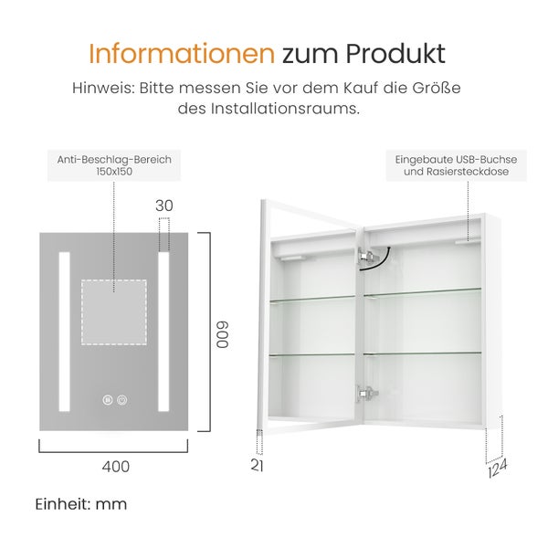 EMKE Badspiegelschrank mit LED Beleuchtung, 40x60x14,5 cm, beschlagfrei, Touchschalter, 3 Lichtfarben, Badspiegel mit Ablage, Spiegelschrank mit Steckdose und USB Anschlüsse