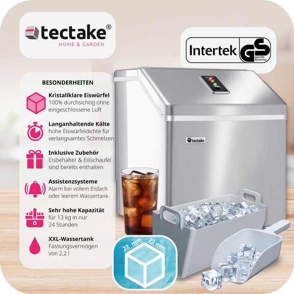 Eiswürfelmaschine tectake  inklusive Eiskorb und Eisschaufel für klare Eiswürfel, 2,2 l Wassertank silber