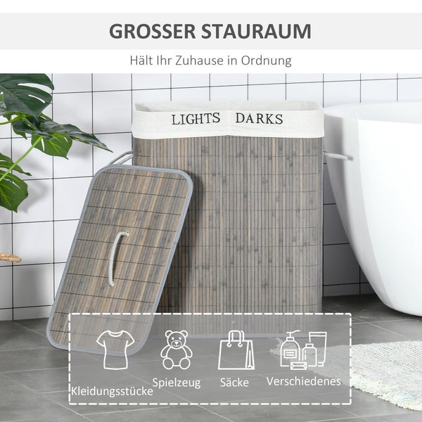HOMCOM Bambus Wäschekorb schmal mit Deckel 100L Wäschesammler mit Griffen, 2 herausnehmbarer Wäschesack, Laundry Baskets Wäschebox für Waschküche, Schlafzimmer, Badezimmer Grau