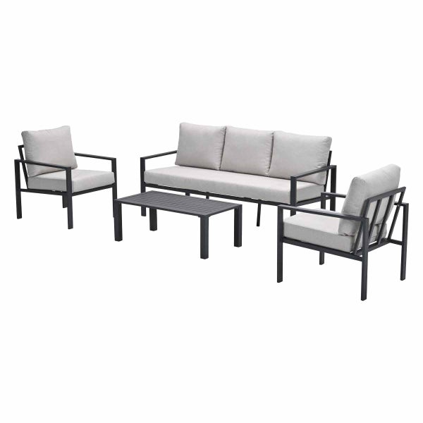 Modernes vierteiliges Garten-Lounge-Set mit einem Dreisitzer-Sofa, zwei Sesseln und einem Tisch mit Metallgestell und grauen Kissen.