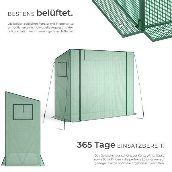 Folien-Gewächshaus mit seitlichen Belüftungsfenstern inklusive Fliegengitter für optimalen Pflanzenschutz das ganze Jahr über.
