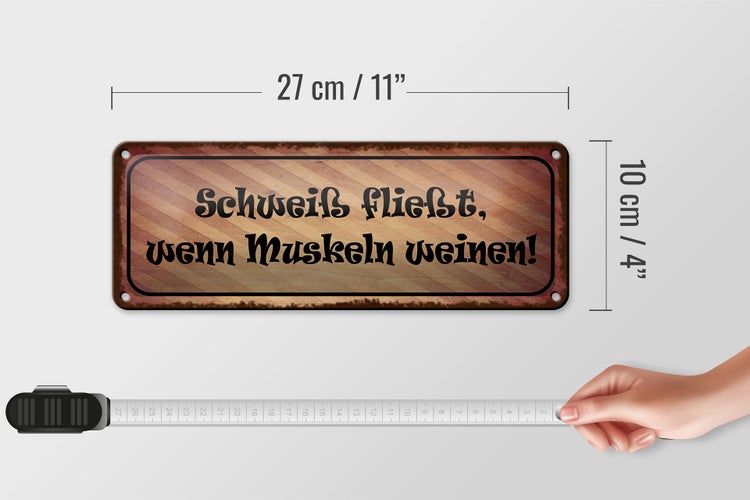 Blechschild Spruch 27x10cm Schweiß fließt Muskeln weinen Dekoration
