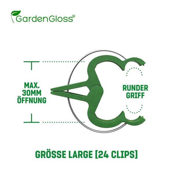 GardenGloss 24 Pflanzenclips für Kletterpflanzen - Größe: L - Pflanzenklammern für Tomaten, Rosen, Gurken und andere Rankpflanzen – Stabile Pflanzen Klammern
