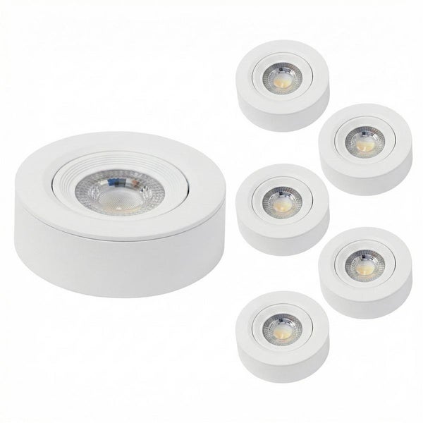 Set aus sechs weißen runden LED-Aufbauspots für die Deckenmontage.