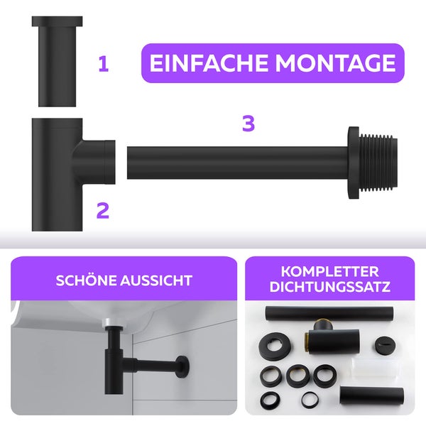 Abbildung eines Siphons mit Montageanleitung, eingebautem Siphon und komplettem Dichtungssatz