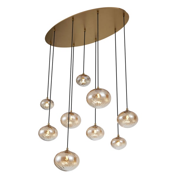 Hängeleuchte mit neun Glaskugeln und goldfarbener Aufhängung