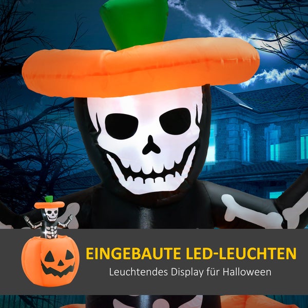 Outsunny 150 cm Aufblasbar Halloween Kürbis mit Skelett Halloweendekorationen Halloween Deko Helloween-Gartendeko mit LED Lichter Wasserdicht Indoor Outdoor Halloween Party